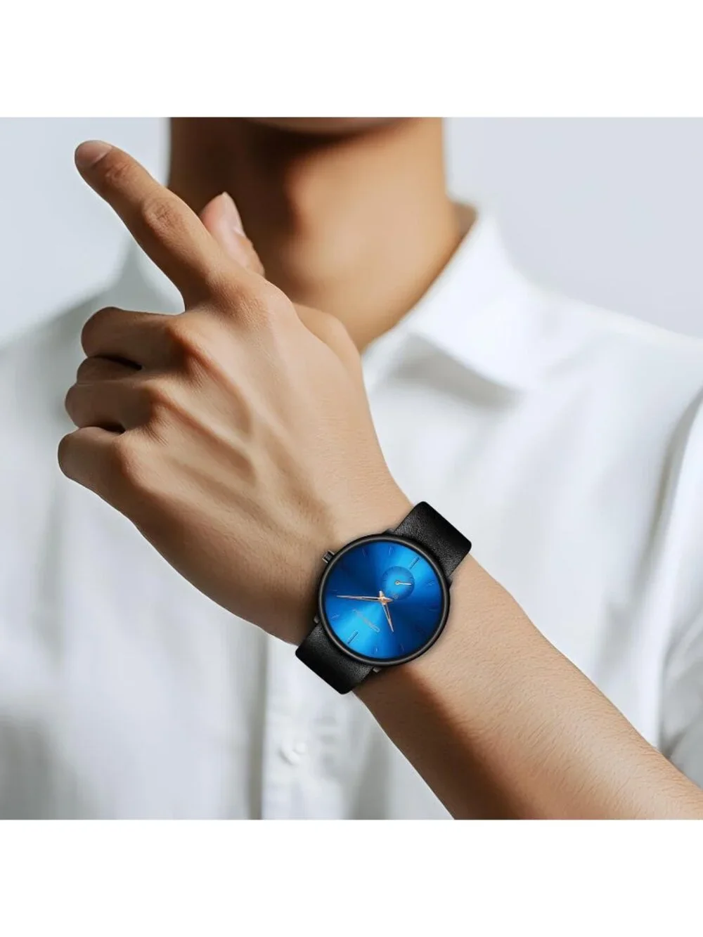 Unisex Gold Blue Ultra-Thin Minimalist Waterproof Fashion Leather Band Watch